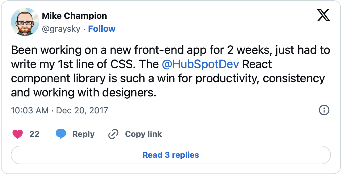 Tweet from Mike Champion praising the HubSpot React component library